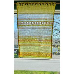 Vintage 70s cafe curtain, yellow orange embroidered, set 2 panels 1 valance